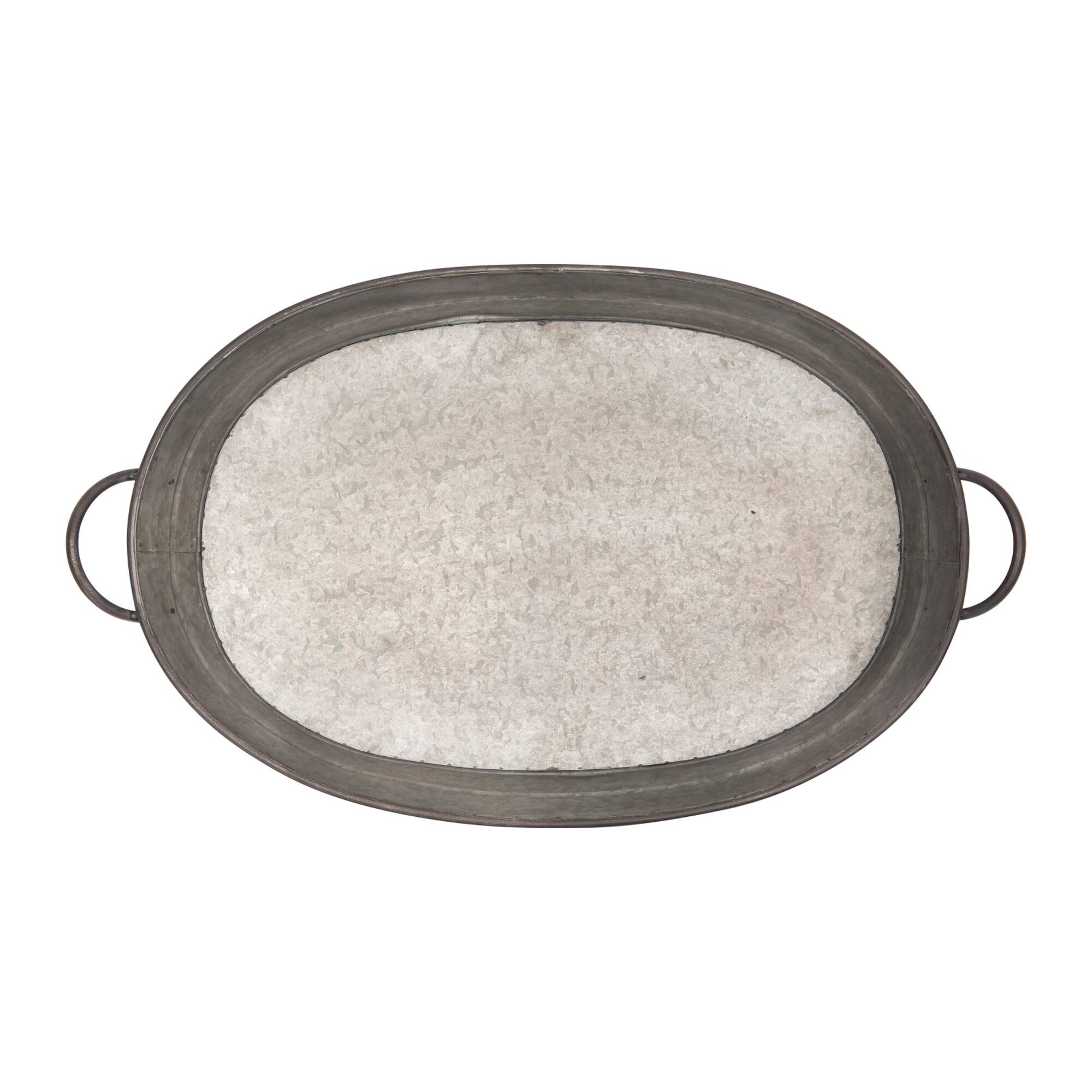 Hello Honey® 34'' Gray Oval Distressed Galvanized Metal Tray with Handles